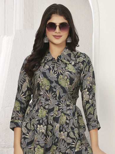 Marvelous Navy Blue Digital Printed Rayon Casual Wear Kurti With Pant
